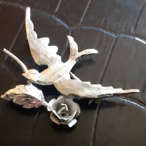 1960s Sterling Silver Bond Boyd Brooch, Sweetheart Swallow With Rose Made Canada